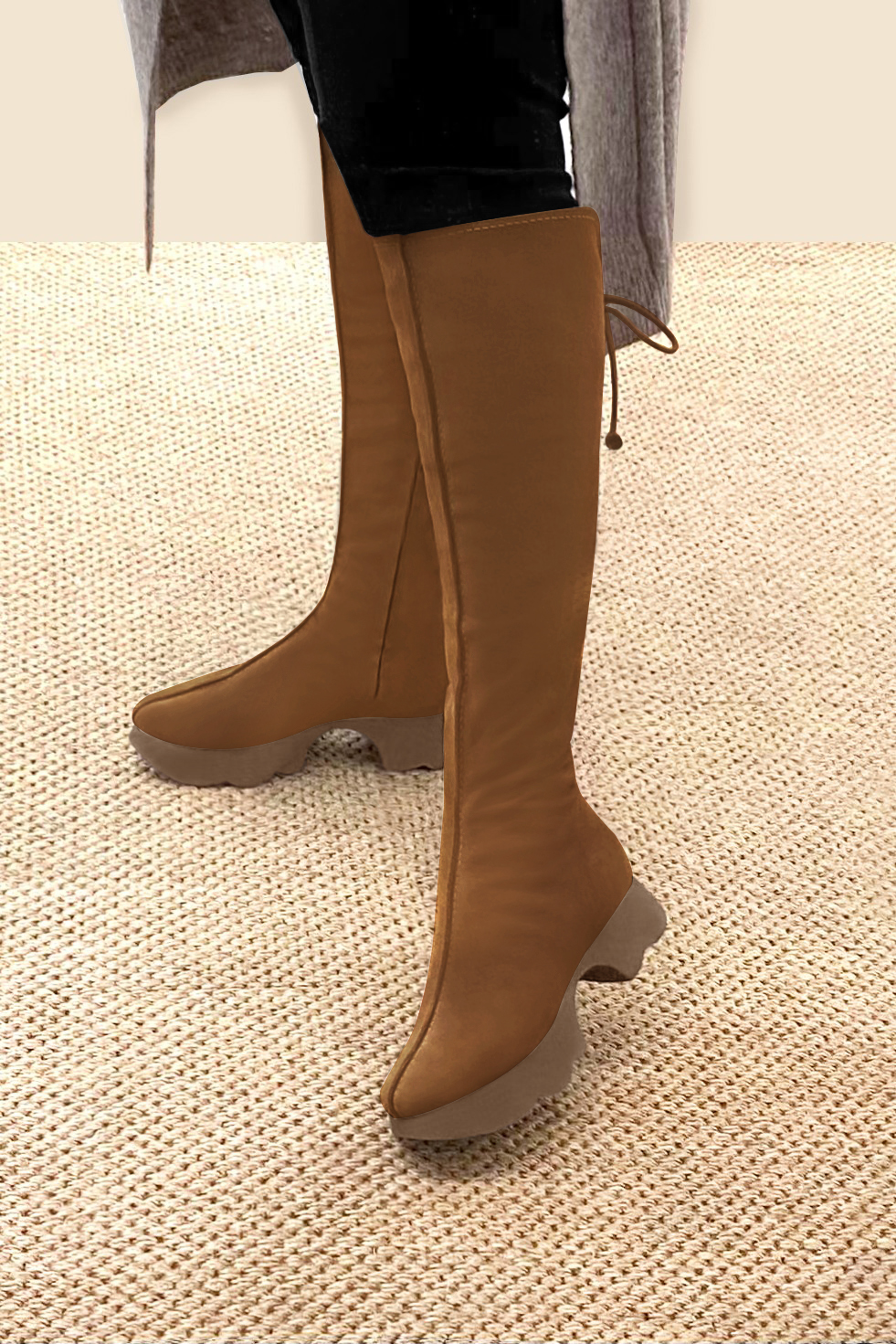 Caramel brown women's knee-high boots, with laces at the back. Round toe. Low rubber soles. Made to measure. Worn view - Florence KOOIJMAN